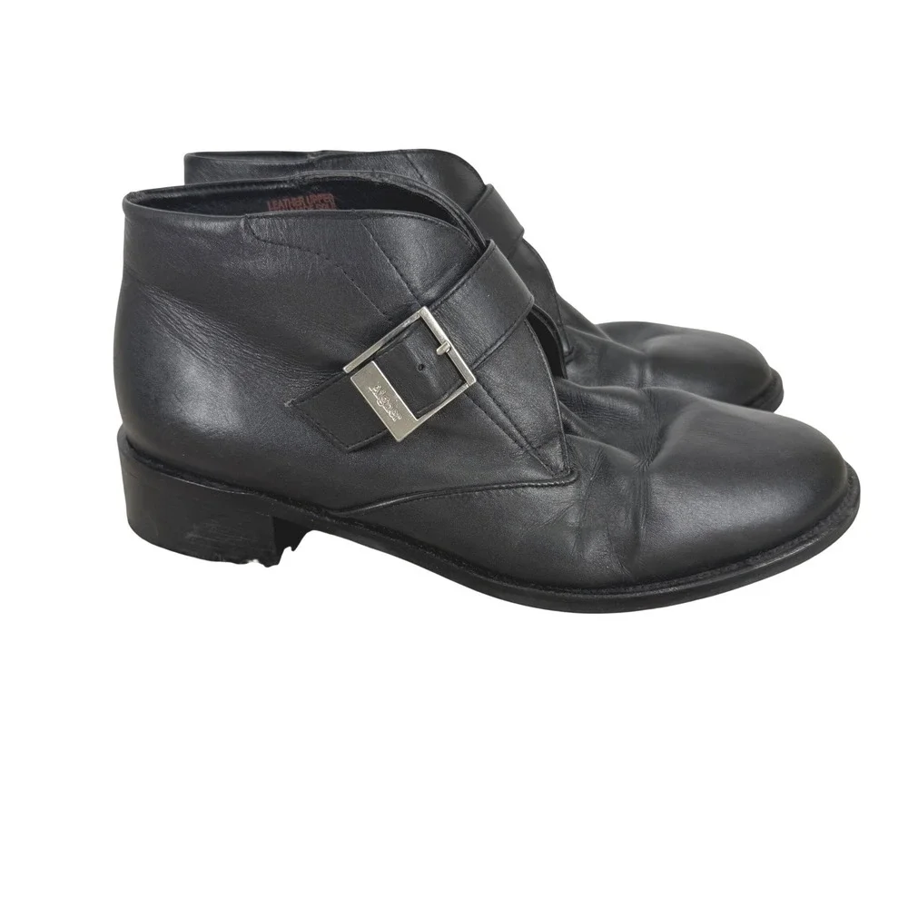 Etienne Aigner Leather Monk Strap Ankle Boots Vintage 8W Block Heel Preppy Black
